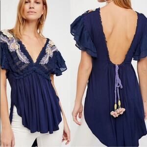 Free People Fiesta Nueva Tunic Top Embroidered Open-Back Blue Size Small